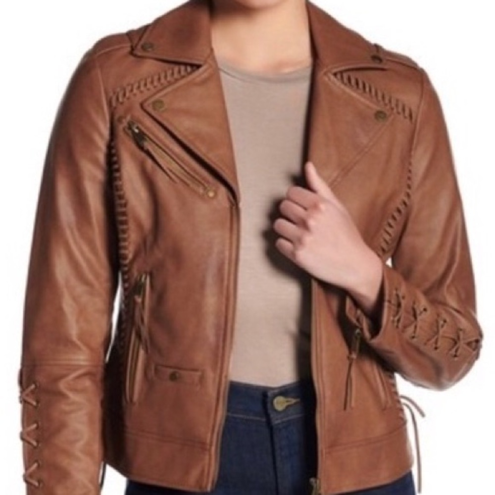 Coffee lace-up faux leather jacket size M
